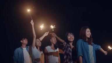Group of Asia best friends teenagers play firecracker dancing have fun enjoy <strong>party</strong> with happy moment